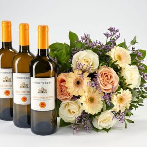 Hvidvine og buket - Send blomster med Bloomit