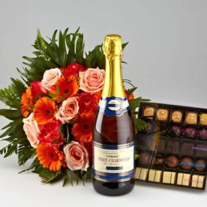 Varm buket, mousserende vin og chokolade - Send blomster med Bloomit